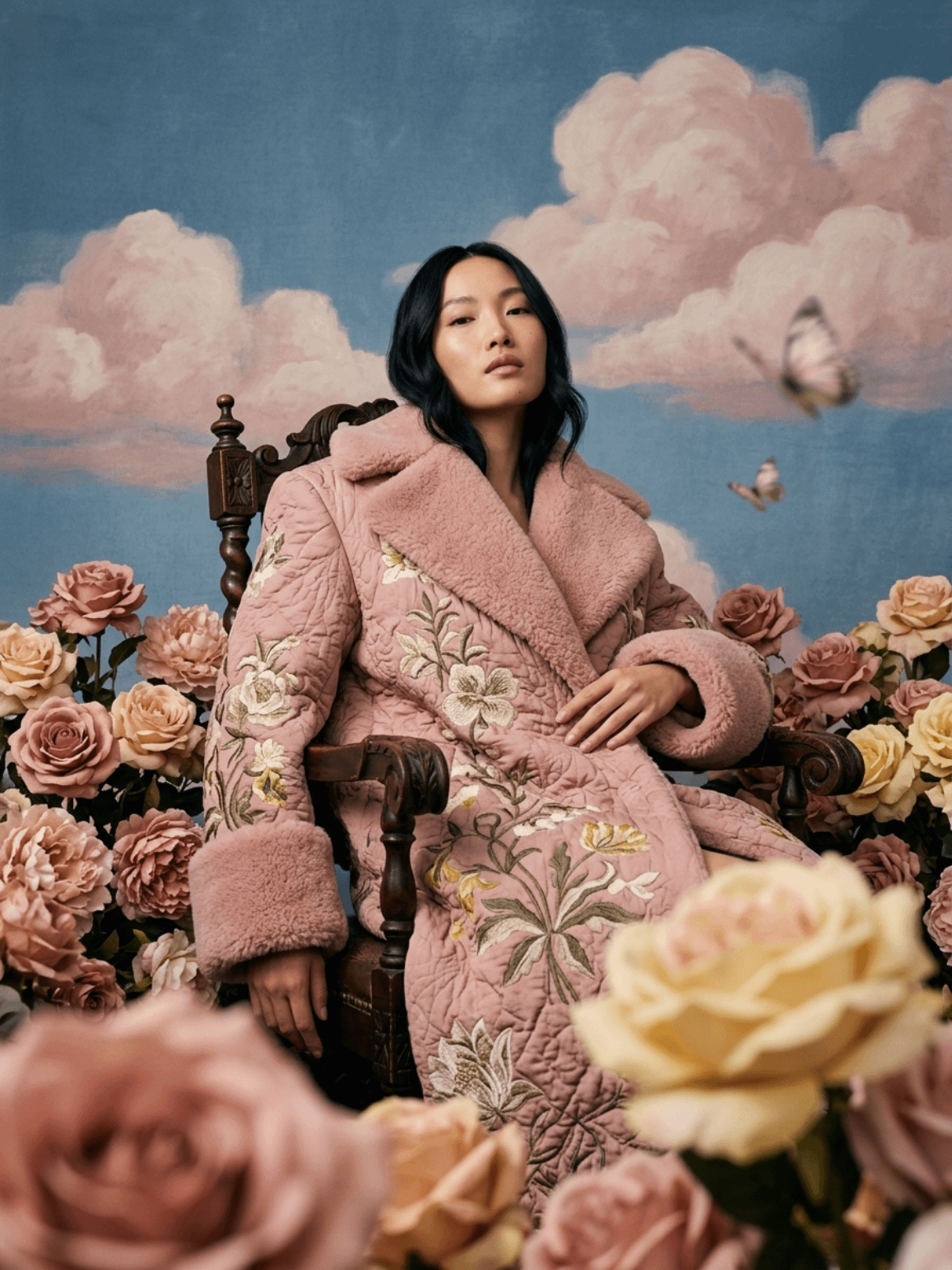 Seated Subject In Sculptural Pink Floral Coat Studio