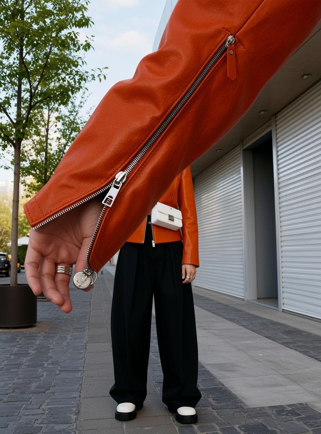 Creative Orange Leather Jacket Black Wide-leg Trousers