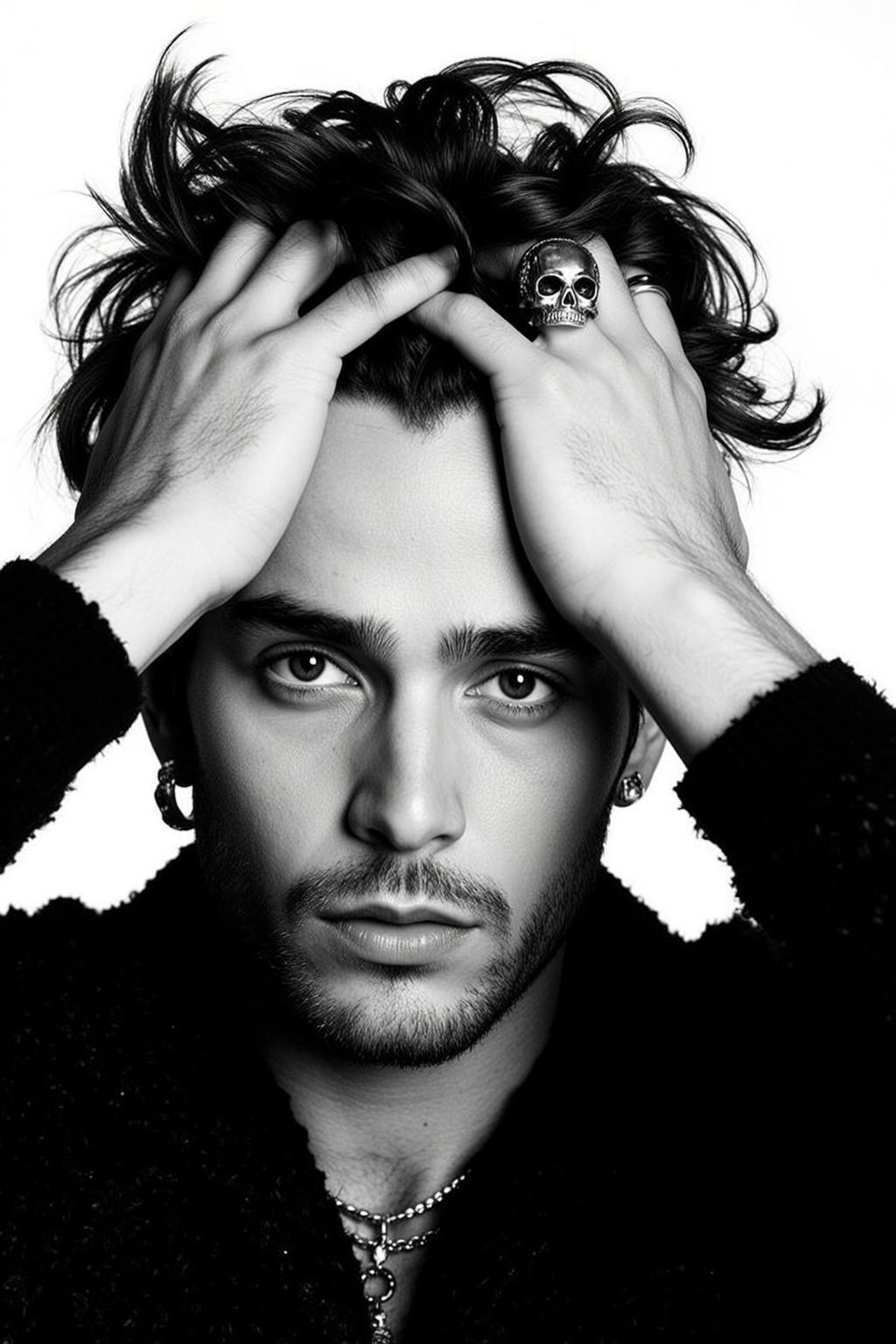 Photorealistic Black And White Medium Close-up Portrait Young Man With