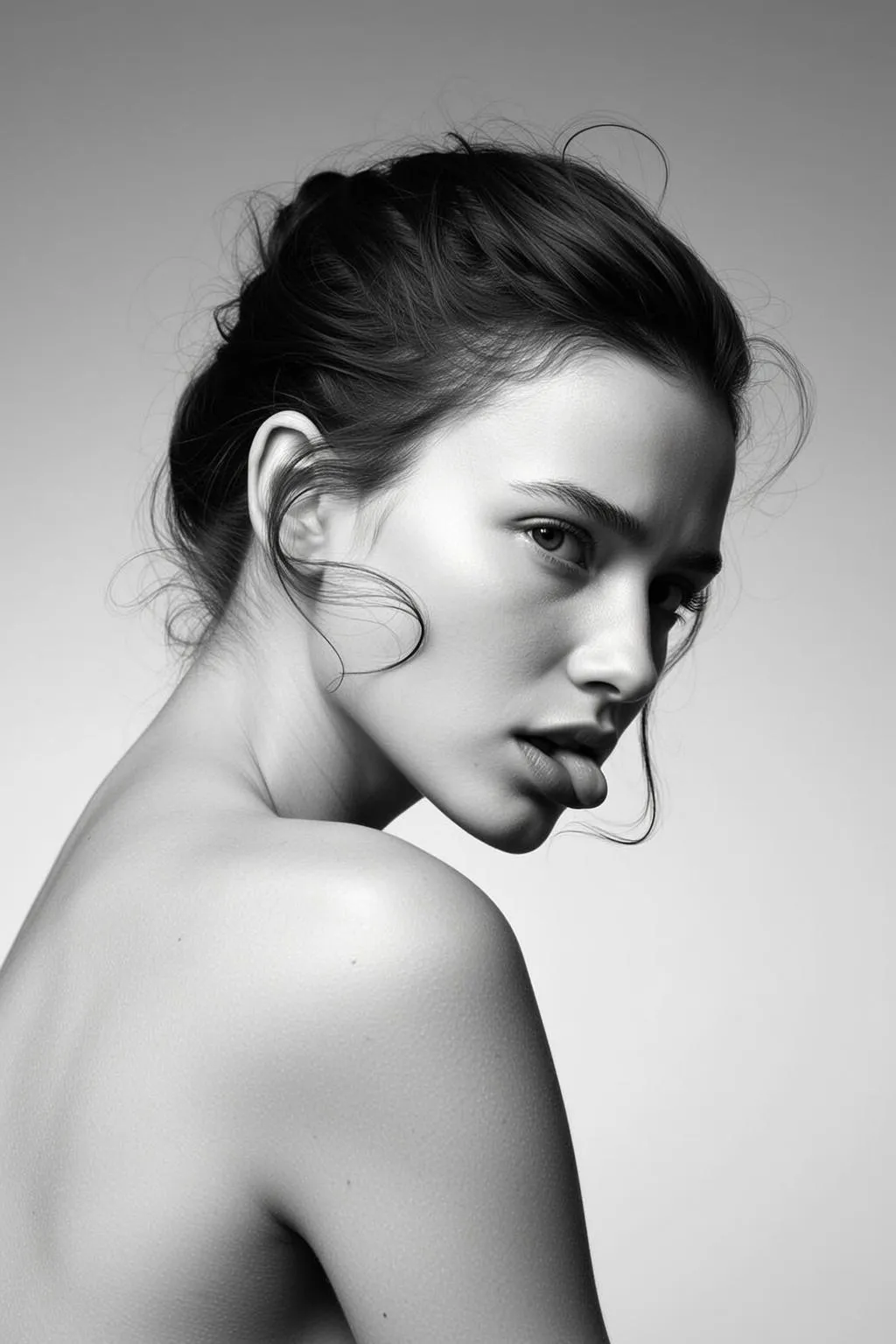 Medium Shot Black And White Photorealistic Portrait Young Woman With