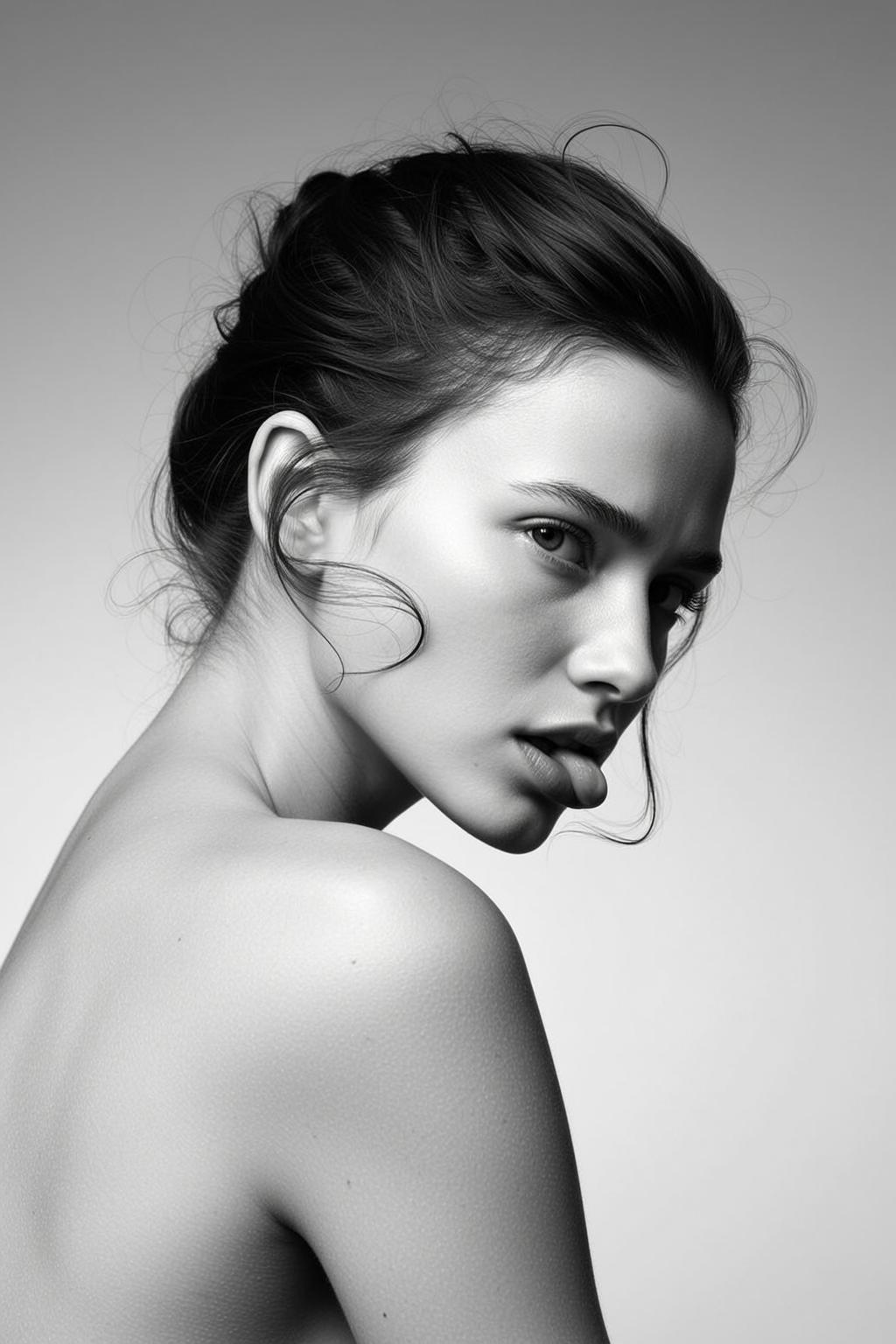 Medium Shot Black And White Photorealistic Portrait Young Woman With