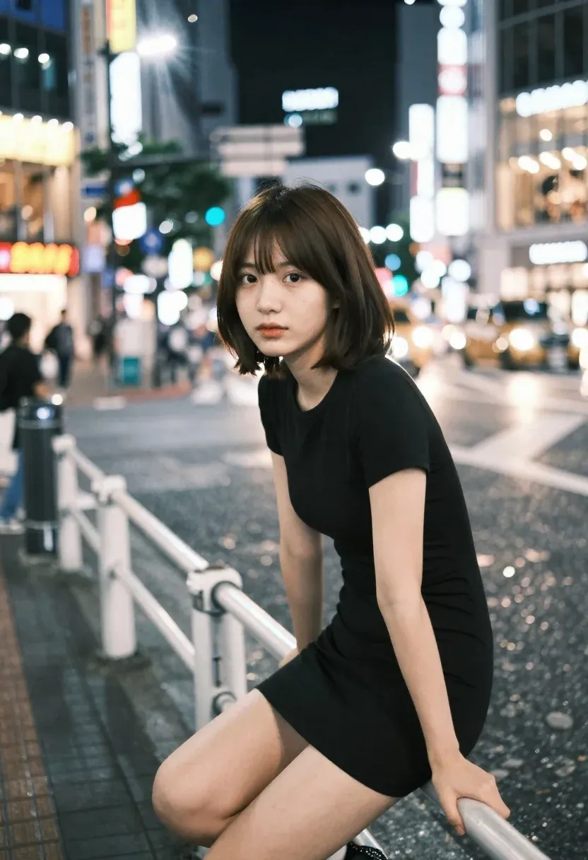 Young Woman With Short Brown Bob Haircut Sits Metal Railing