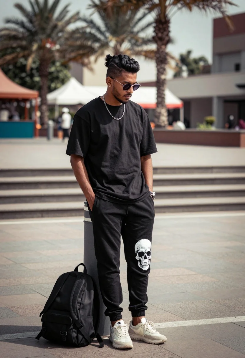 Young Man Stands Leaning Casually Against Grey Bollard Urban Plaza