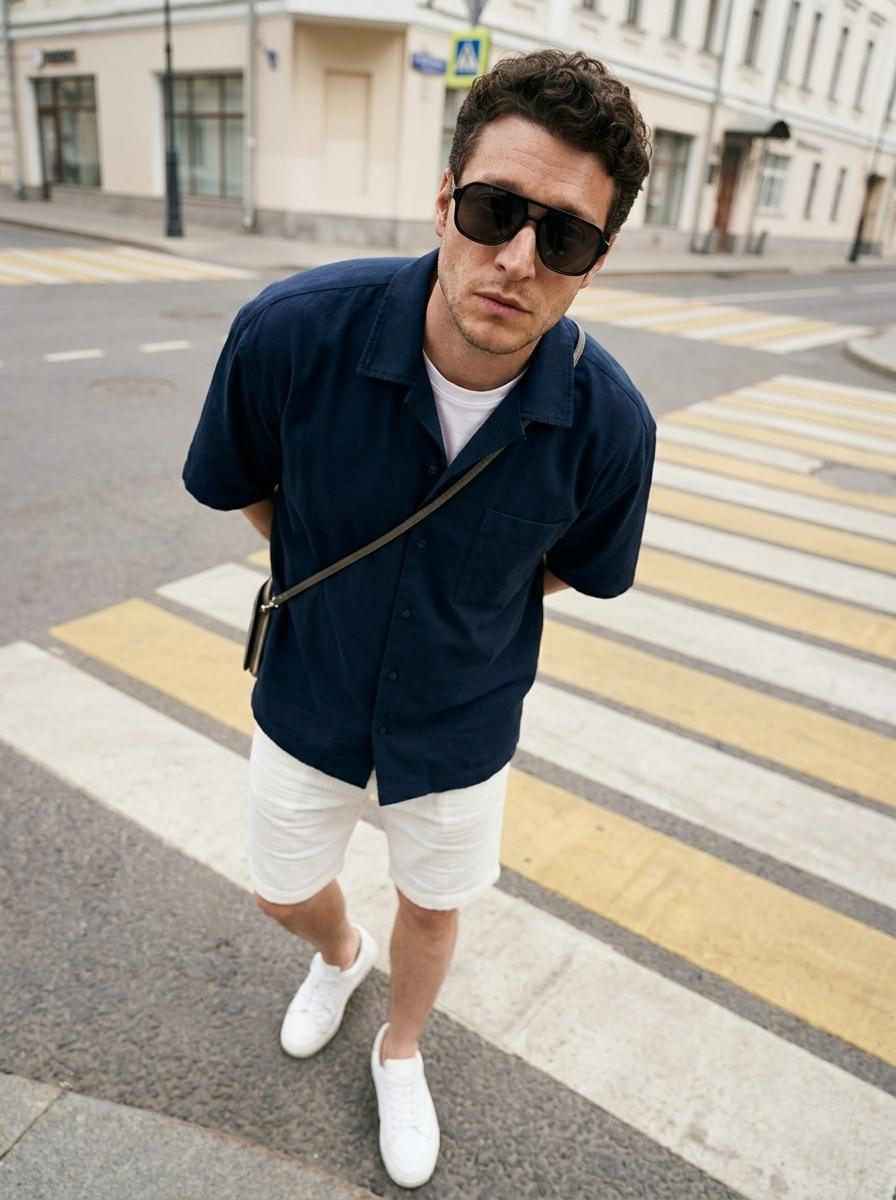 Full-length portrait of a man on a crosswalk, hands behind head, head tilted, wearing navy oversized shirt and white shorts.