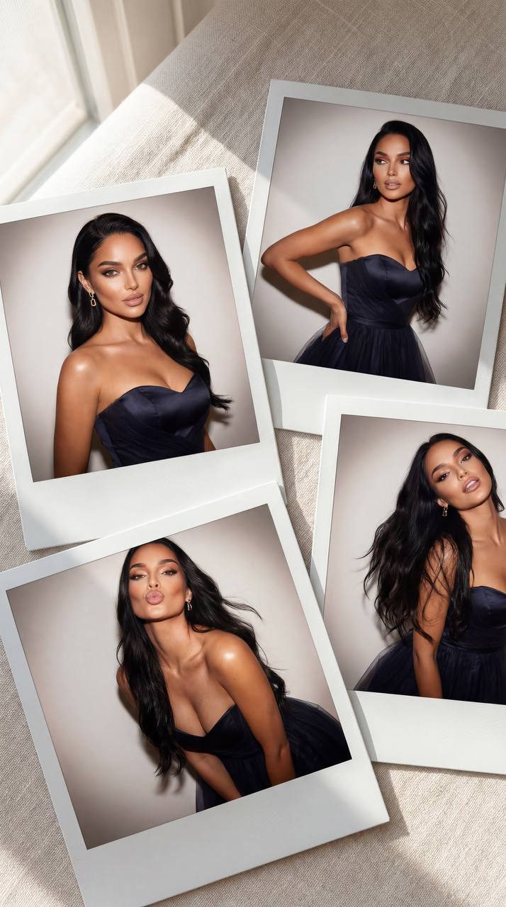 Ultra-photorealistic Polaroid collage of a girl in a strapless evening dress, styled glamorously with soft waves and statement earrings.