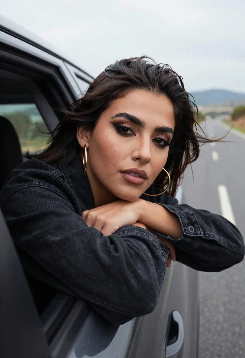 Photorealistic Portrait Woman Leaning Out The Window Car Subject Dark-haired reference photo