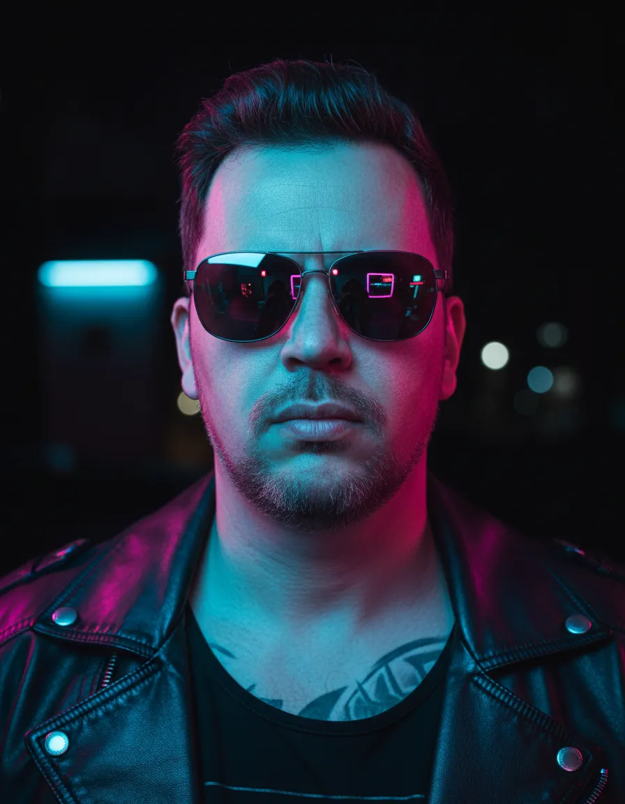 Sunglasses And Tattoos In Neon Portrait