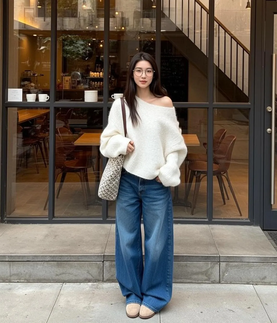 Glasses With White Sweater By Cafe Window