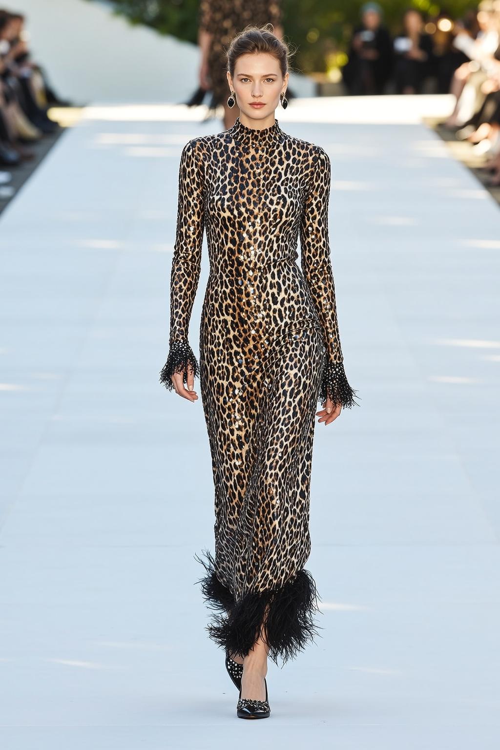Shimmering Leopard Print Dress Runway Walk