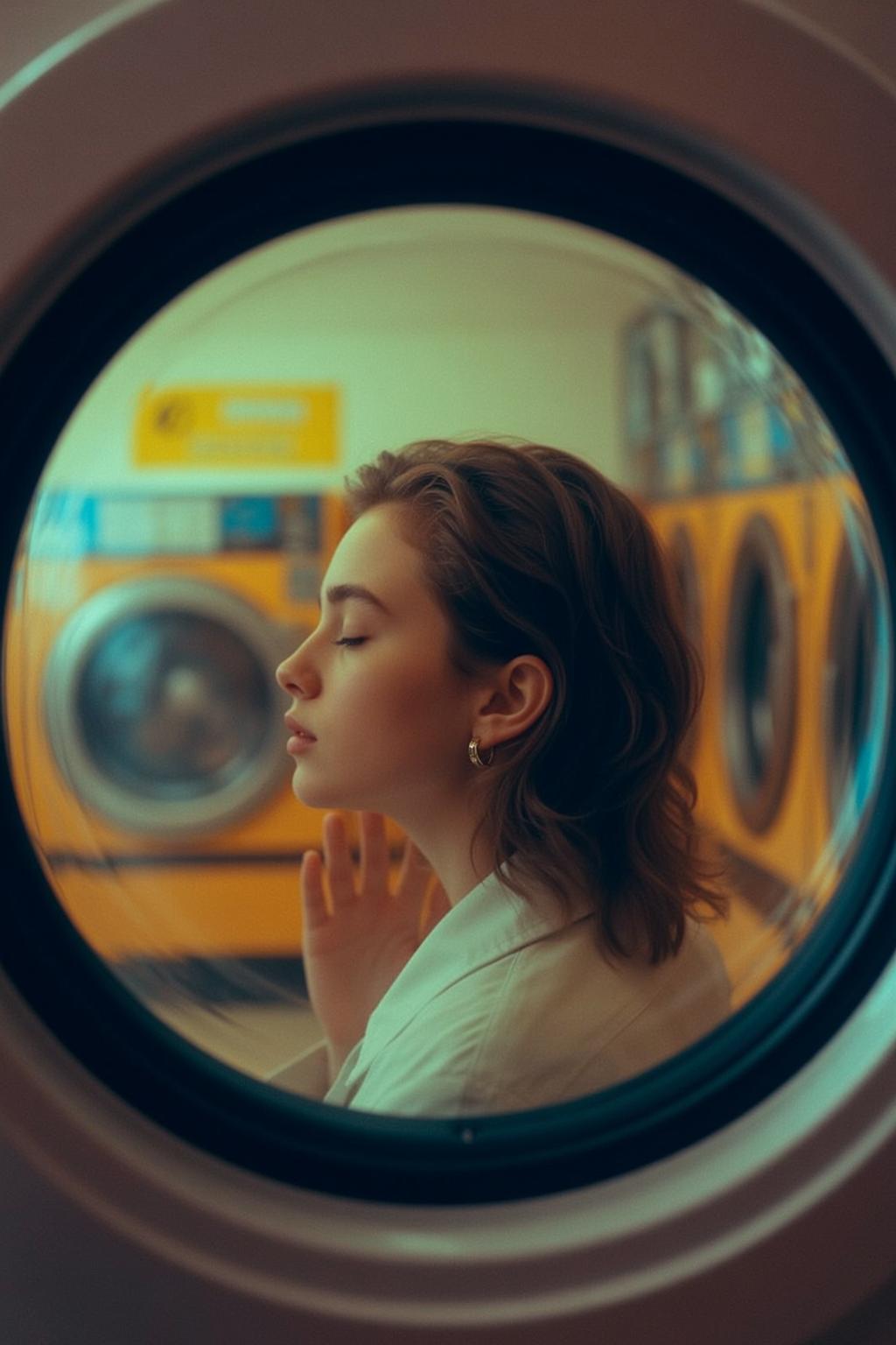 Laundromat Profile Peaceful Young Woman Closed Eyes