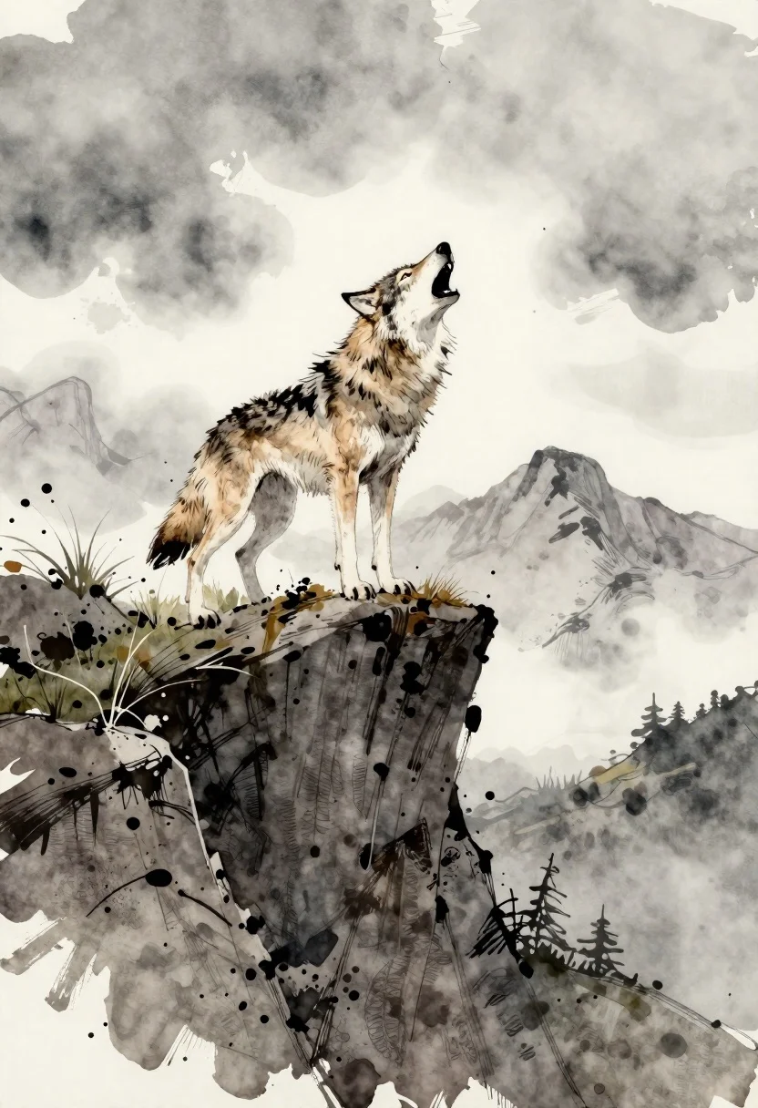 Watercolor And Ink Illustration Lone Wolf Howling Atop Jagged Cliff reference photo