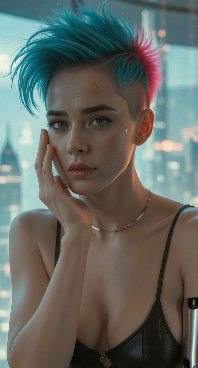 Cyberpunk Portrait Cyan Mohawk Nighttime Cityscape Bokeh