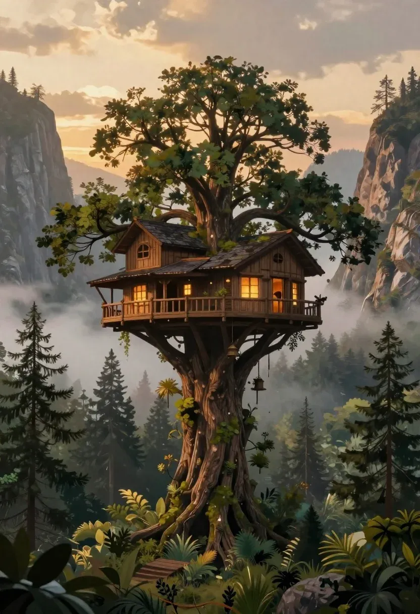Subject Majestic Multi-level Treehouse Nestled The Upper Canopy Ancient Forest