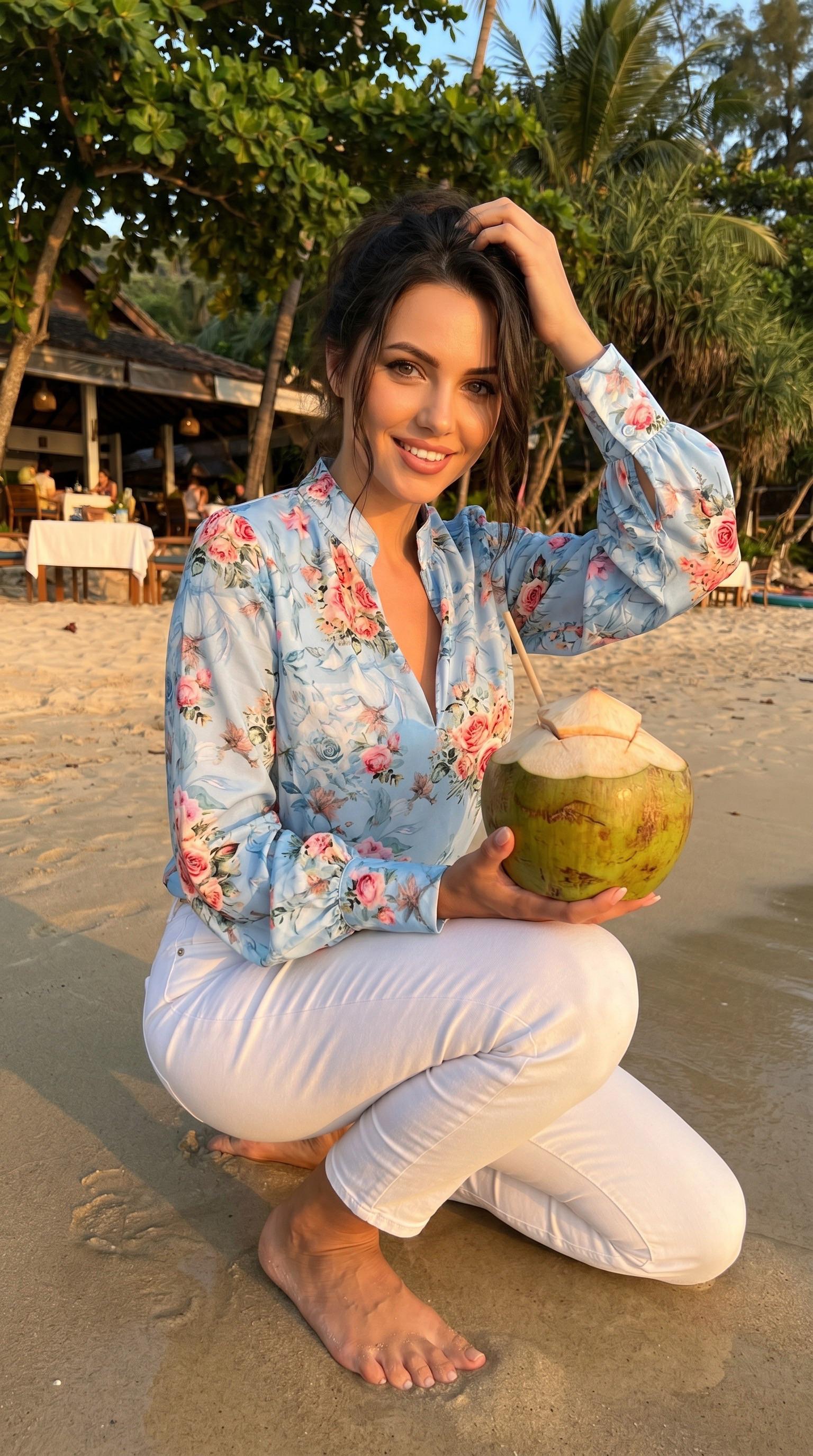 Sunset Beach Crouching With Floral Blouse And Coconut