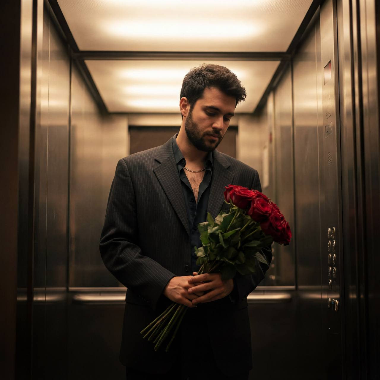 A man in a dark pinstripe suit stands in an elevator holding a large bouquet of red roses, bathed in warm diffused light.