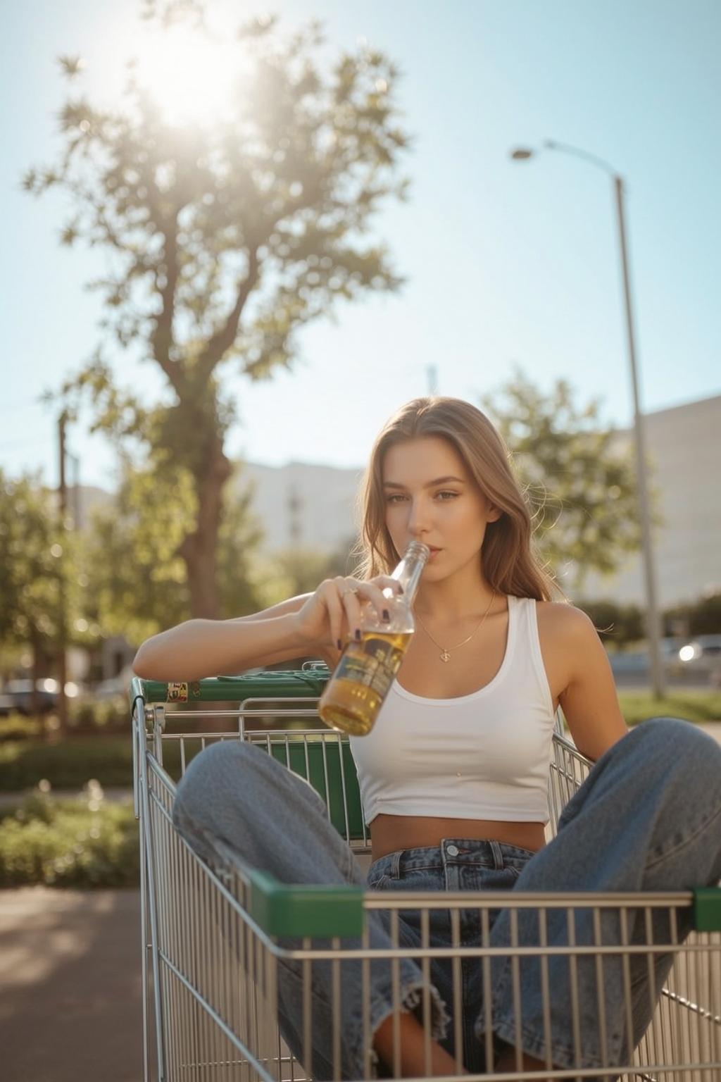 Woman In Shopping Cart Drinking Beer