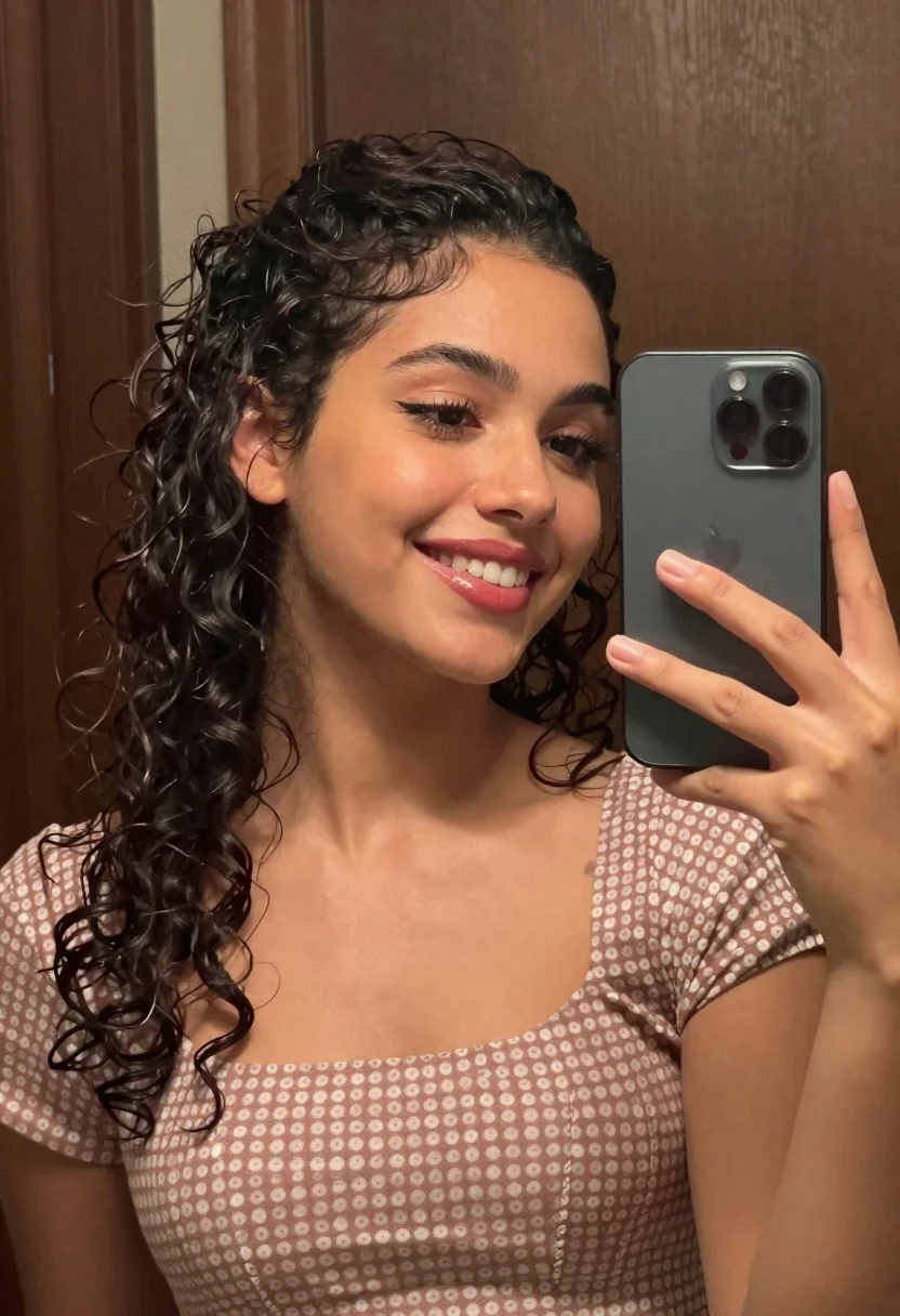 Young Woman Taking Mirror Selfie With Smartphone Held Her Right reference photo