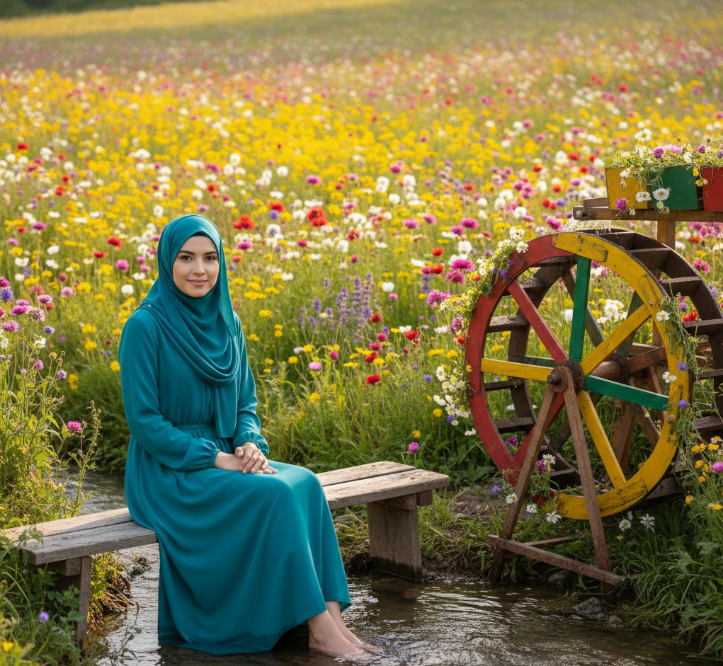 Woman In Teal Dress By Waterwheel