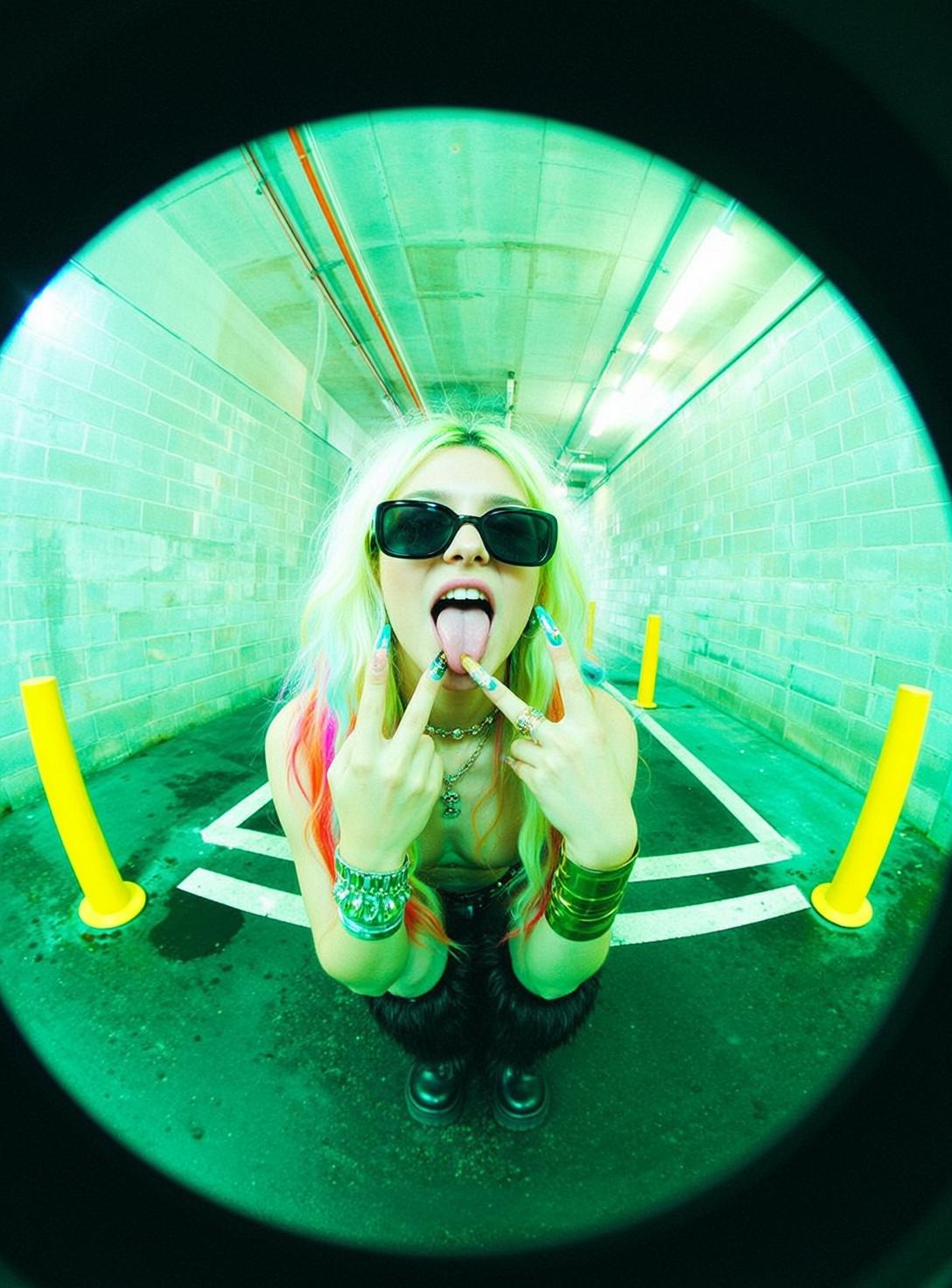 Fisheye Young Long Wavy Blonde Streaks Pink