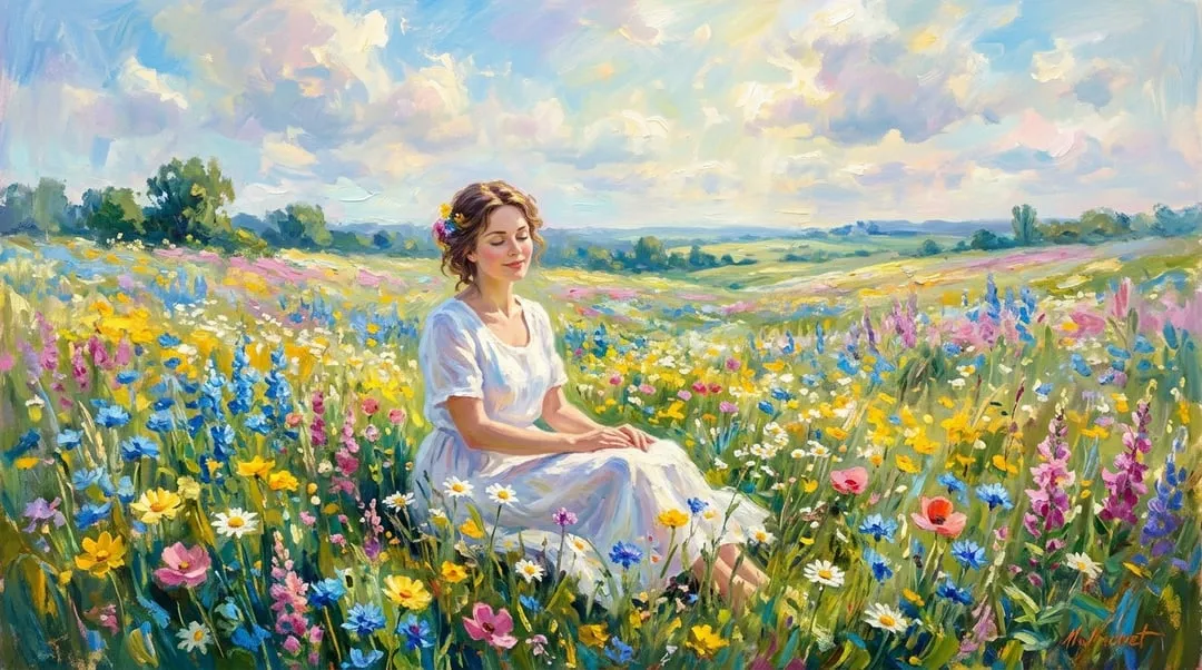 Impressionist Oil Painting Wildflower Meadow White Dress