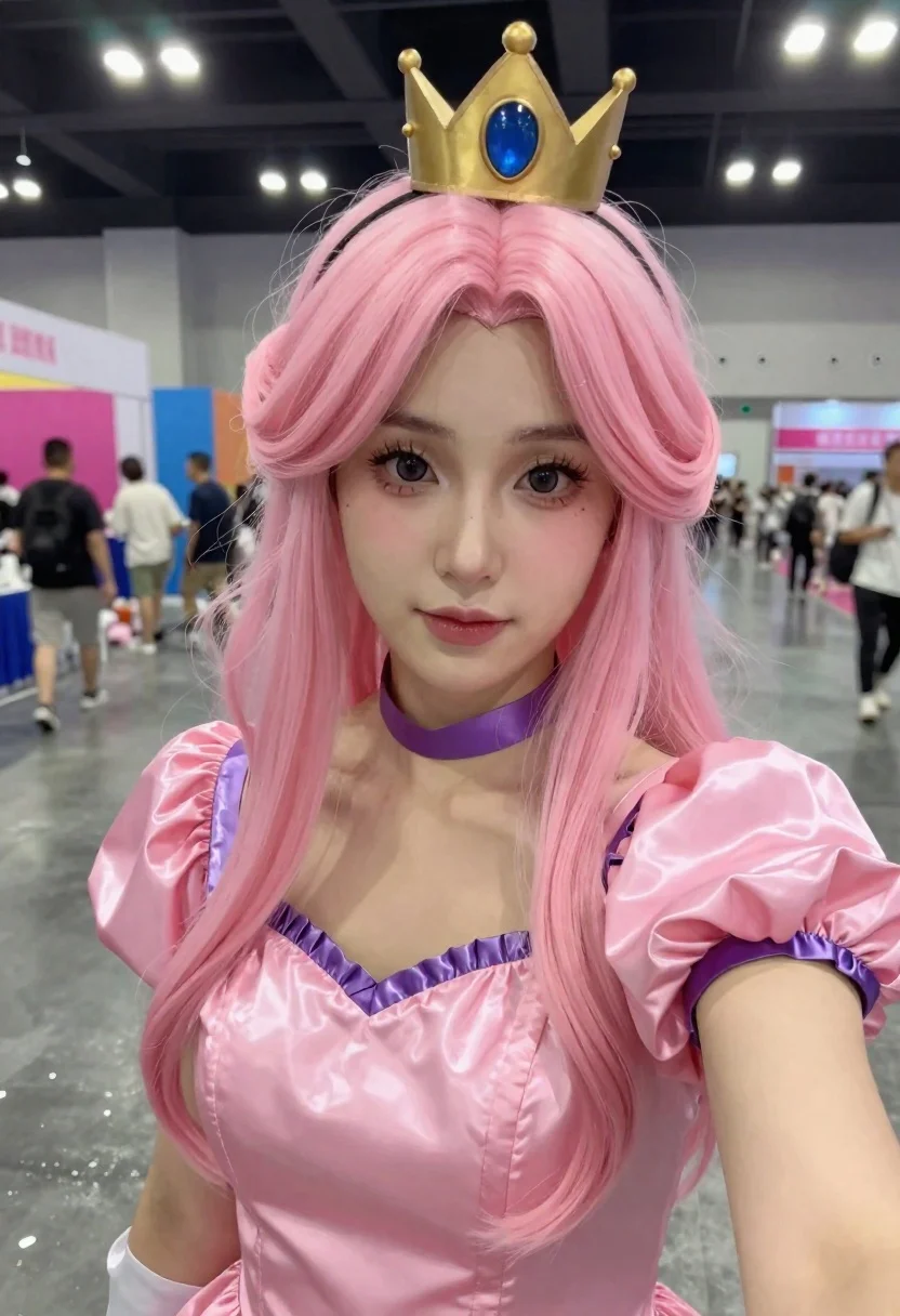 Realistic Selfie Taken Indoors Convention Hall Featuring Woman Cosplaying Princess reference photo