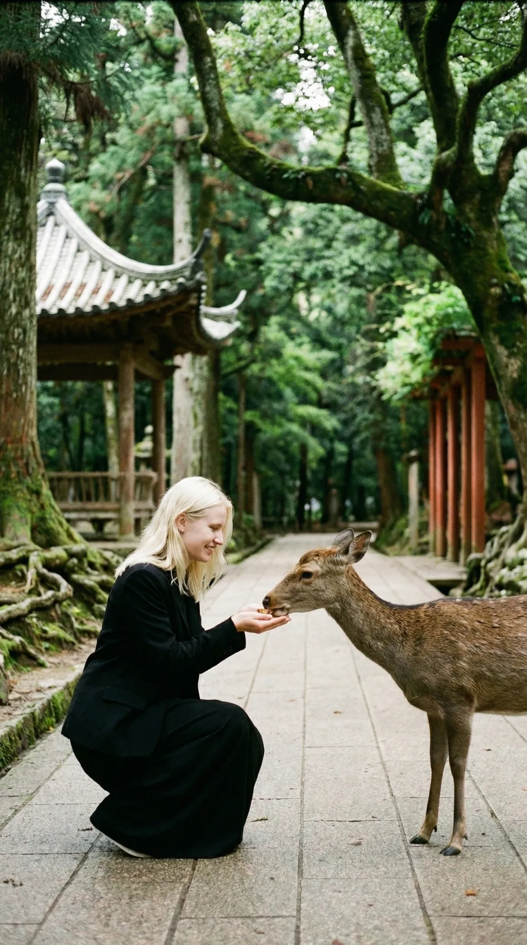 Deer Feeding Kneeling Black Skirt Pagoda Path