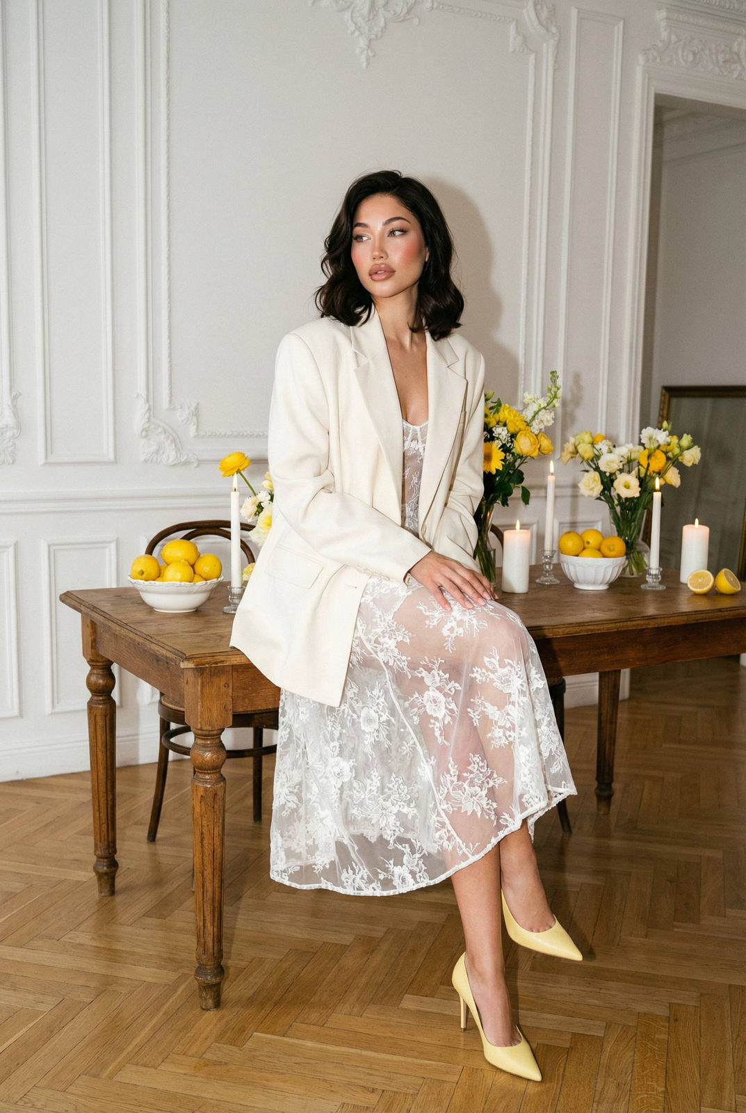 A woman seated on an elegant table in a bright interior, wearing an oversized ivory blazer and lace dress with yellow heels, surrounded by floral arrangements.