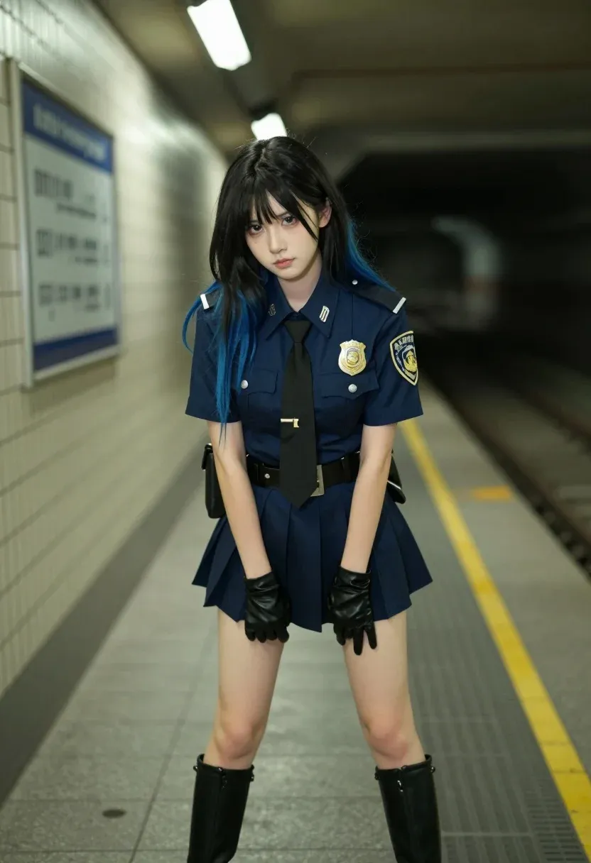 Young Woman With Long Black Hair Featuring Blue Tips Stands