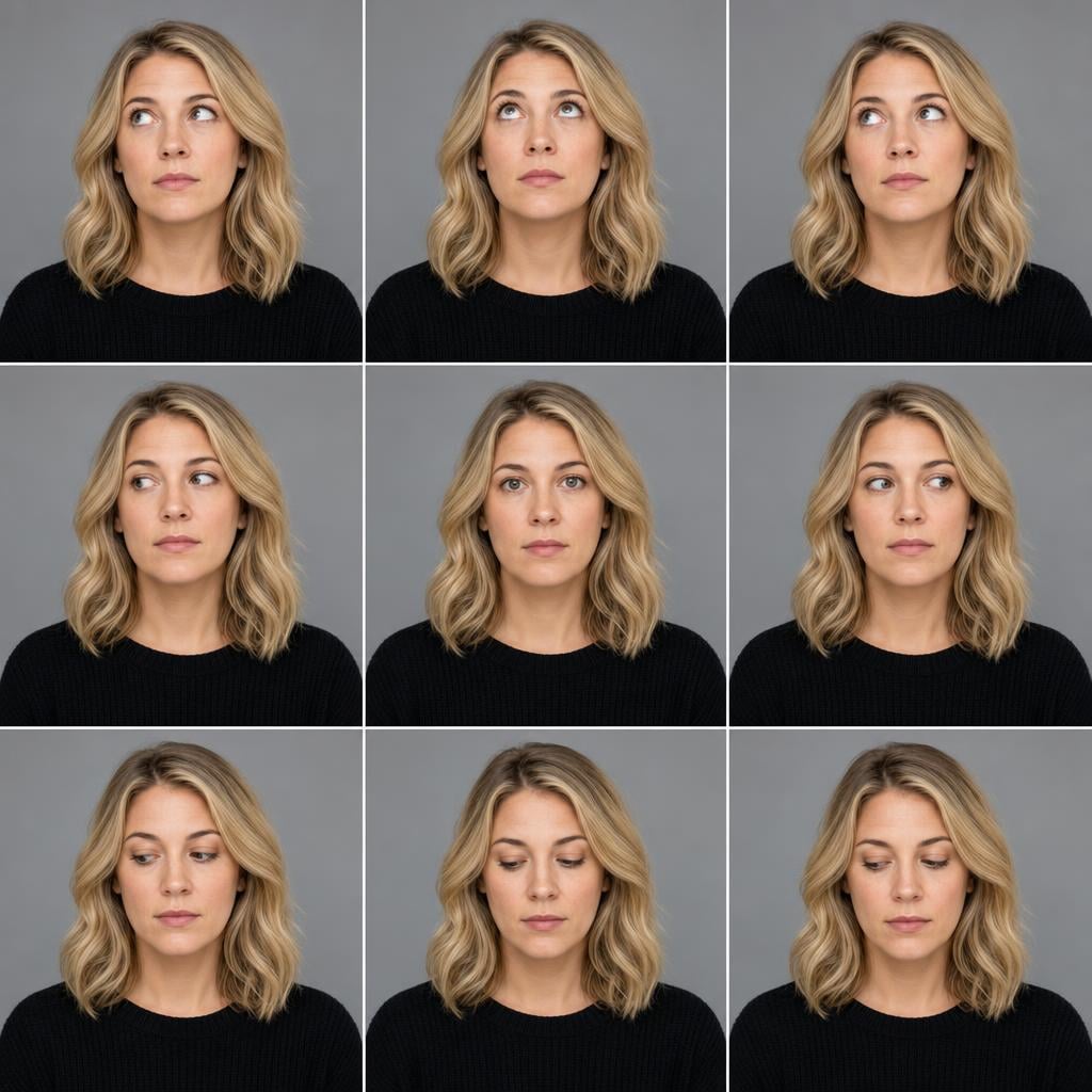 Head-and-shoulders portrait of a person in a black ribbed knit sweater, looking in various directions against a neutral mid-gray background.
