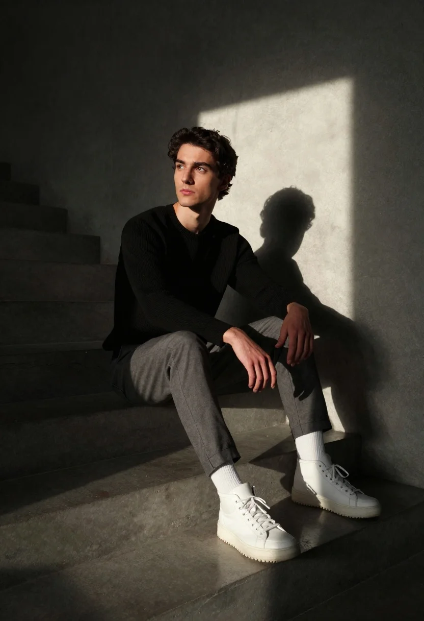 Cinematic Portrait Man Sitting Concrete Steps Dramatic Shadow And Light reference photo