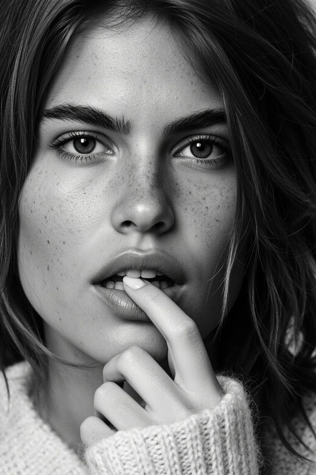 Close-up Headshot Black And White Photorealistic Portrait Young Woman With