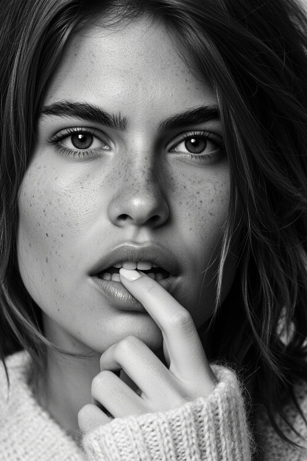 Close-up Headshot Black And White Photorealistic Portrait Young Woman With