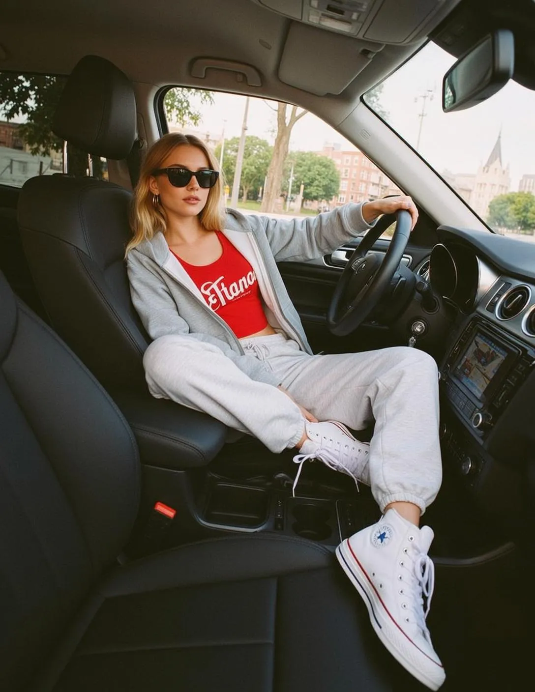 Blonde Woman Car Interior Red Tank Top Sunglasses