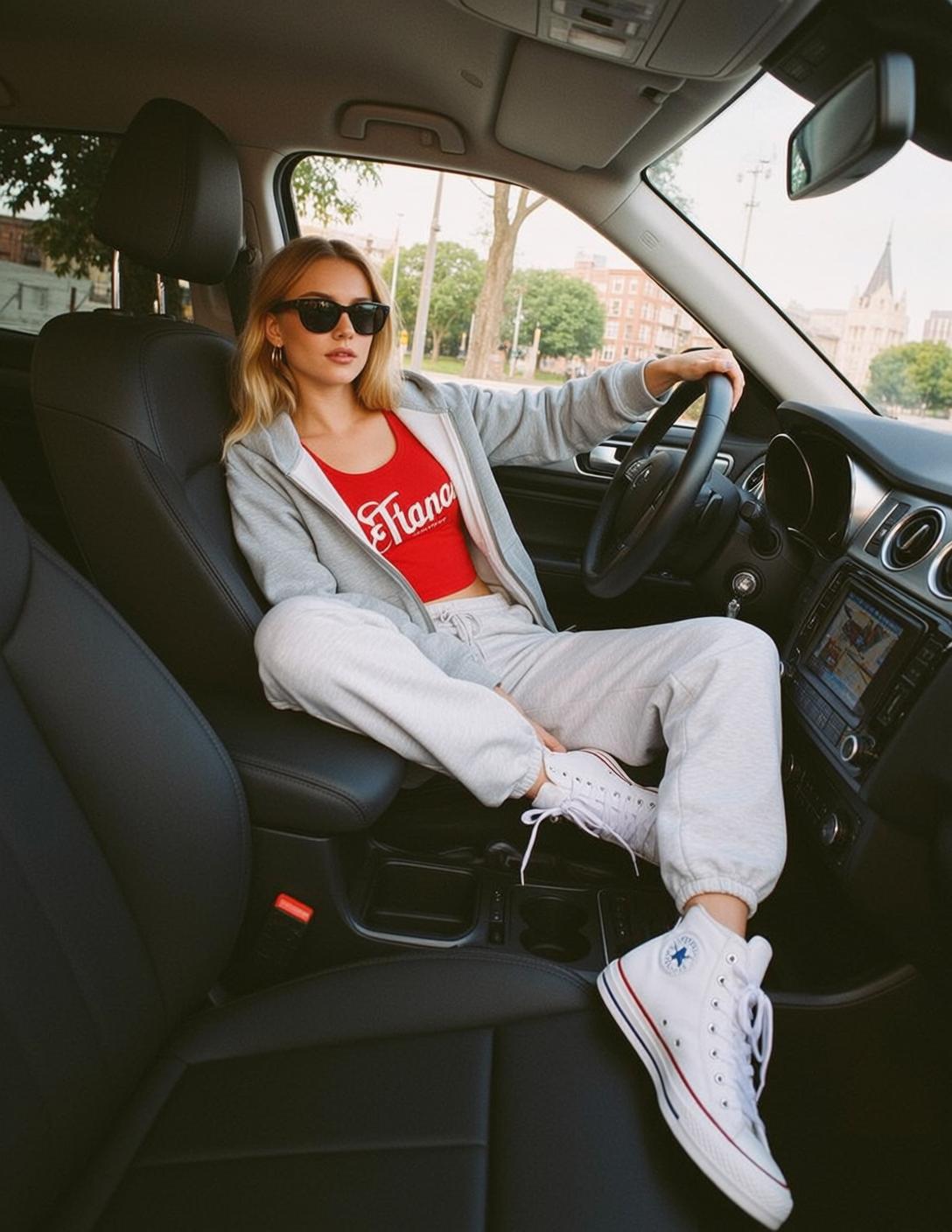 Blonde Woman Car Interior Red Tank Top Sunglasses