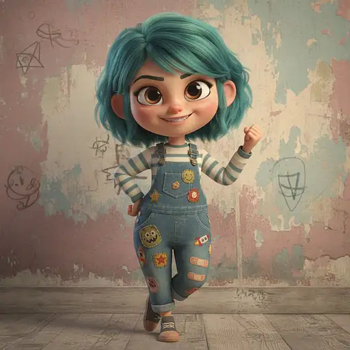 Whole Body Image Mischievous Girl With Short Teal Hair Patched