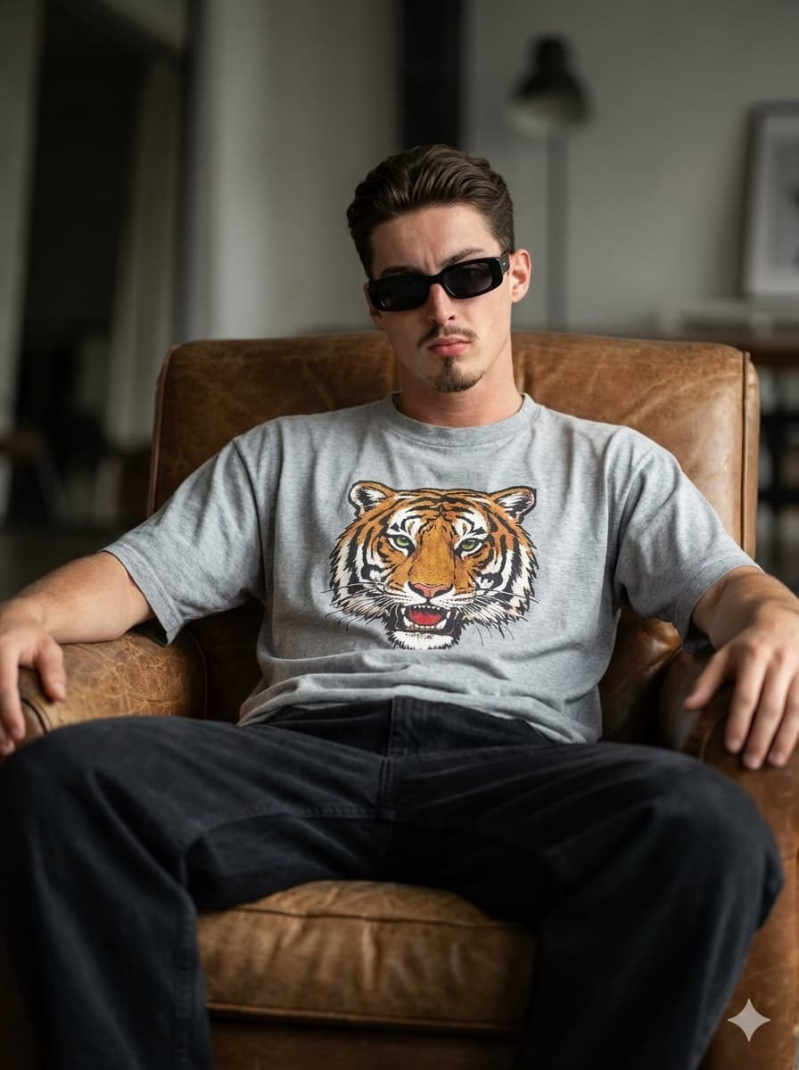 A hyper-realistic 8K portrait of a person in a relaxed, confident pose, wearing a vintage tiger logo jersey and oversized baggy jeans.
