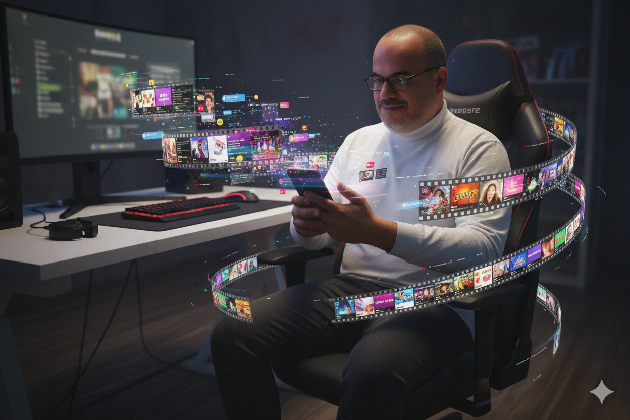 A hyper-realistic 3D image of a stylish man at a PC desk, scrolling on his phone with glowing film strips rising above, cinematic lighting fills the scene.