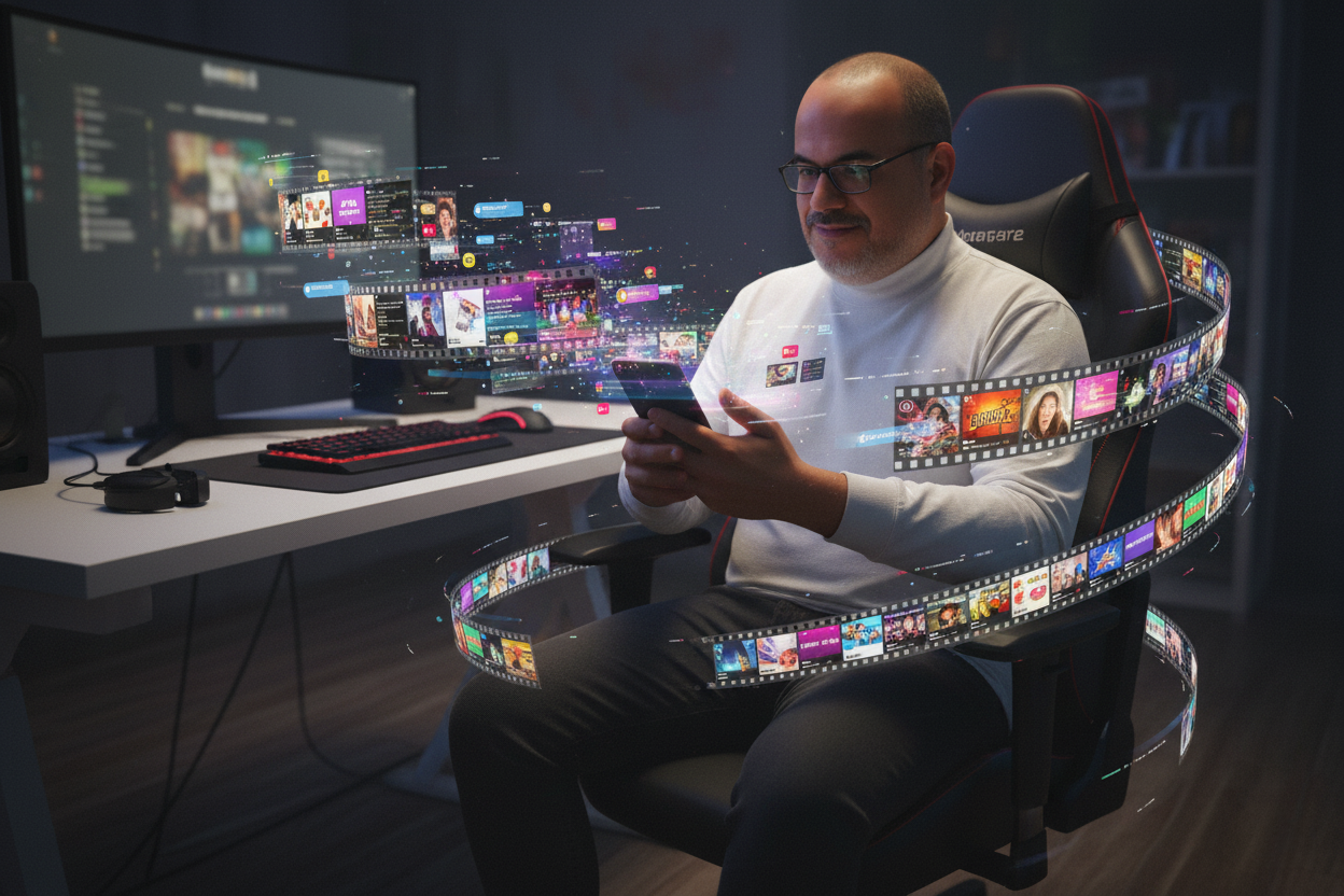 A hyper-realistic 3D image of a stylish man at a PC desk, scrolling on his phone with glowing film strips rising above, cinematic lighting fills the scene.