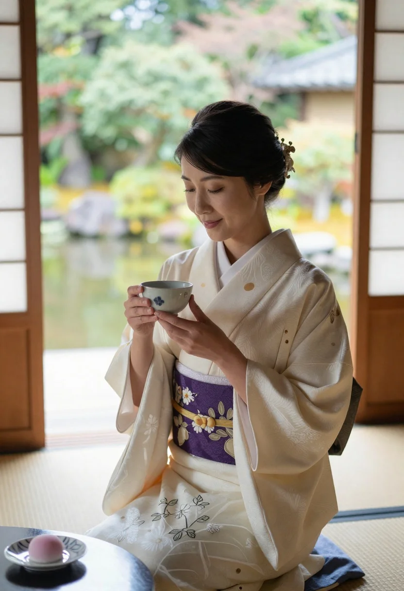 Woman Traditional Japanese Attire Sits Gracefully Indoors Holding Tea Bowl