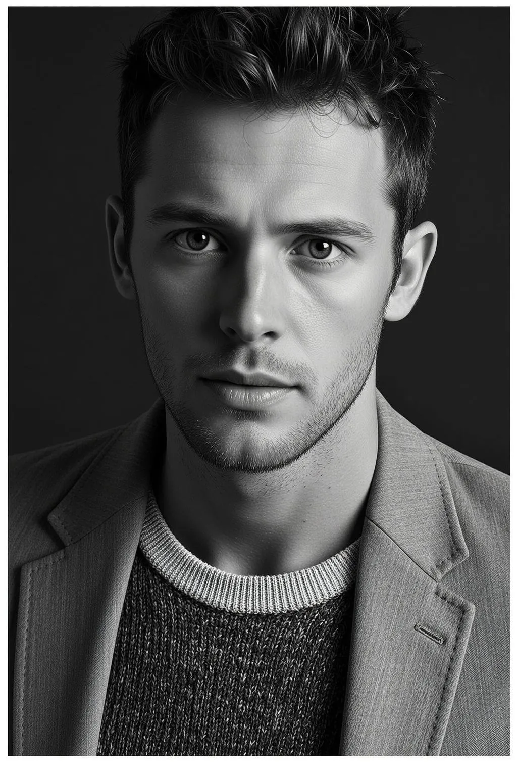 Photorealistic Black And White Medium Close-up Portrait Young Man With