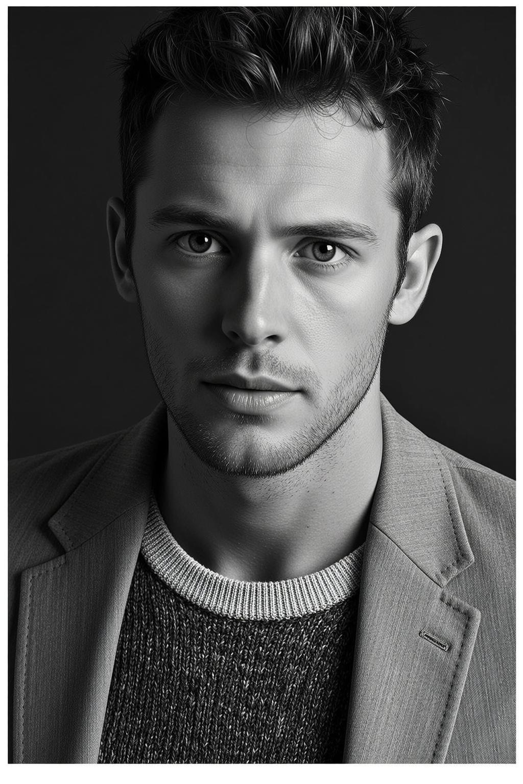 Photorealistic Black And White Medium Close-up Portrait Young Man With