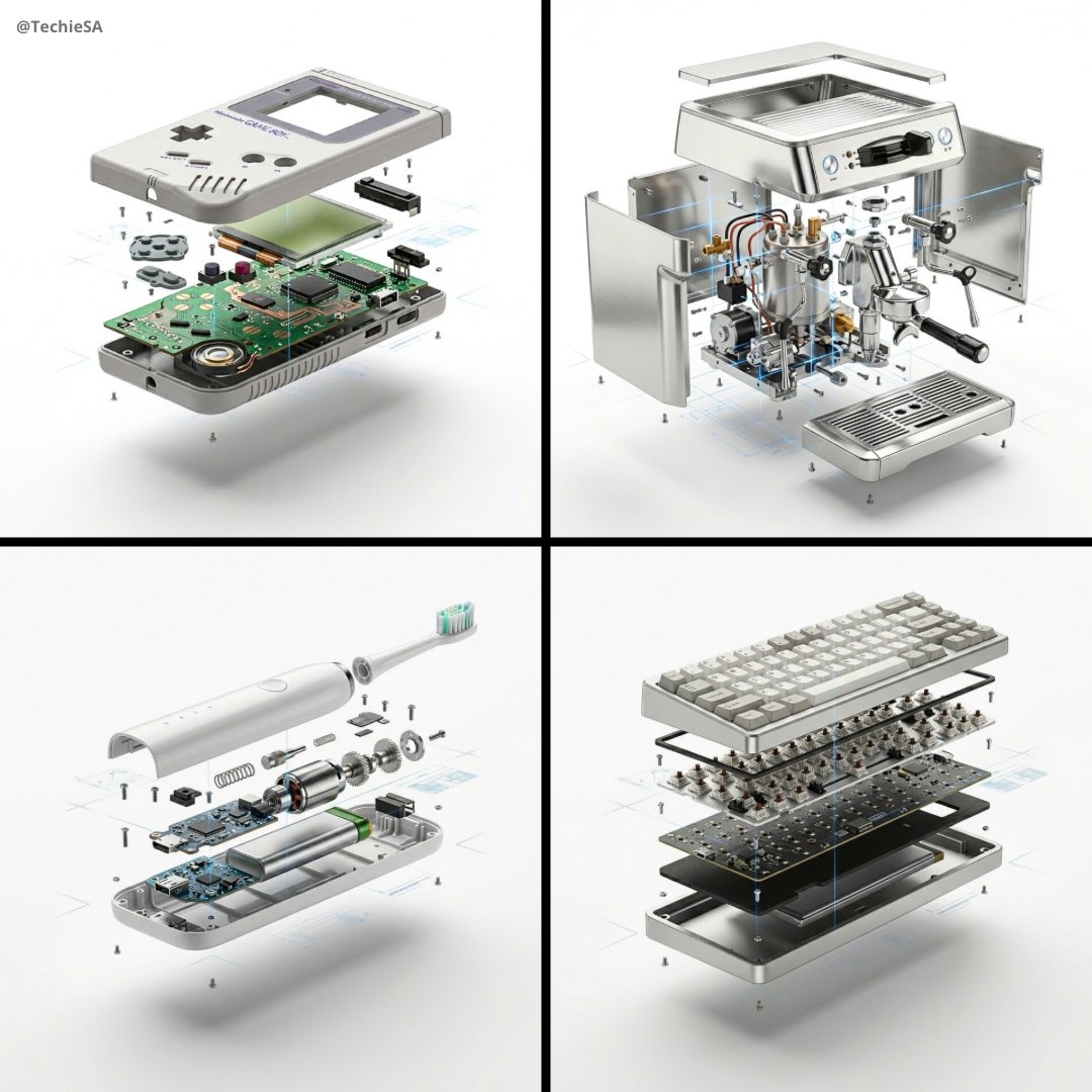 An ultra-realistic exploded view of a product showcasing its inner mechanics against a white seamless background.