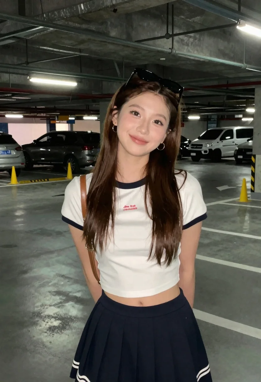 Young Woman Stands Smiling Parking Garage Wearing White Crop Top reference photo