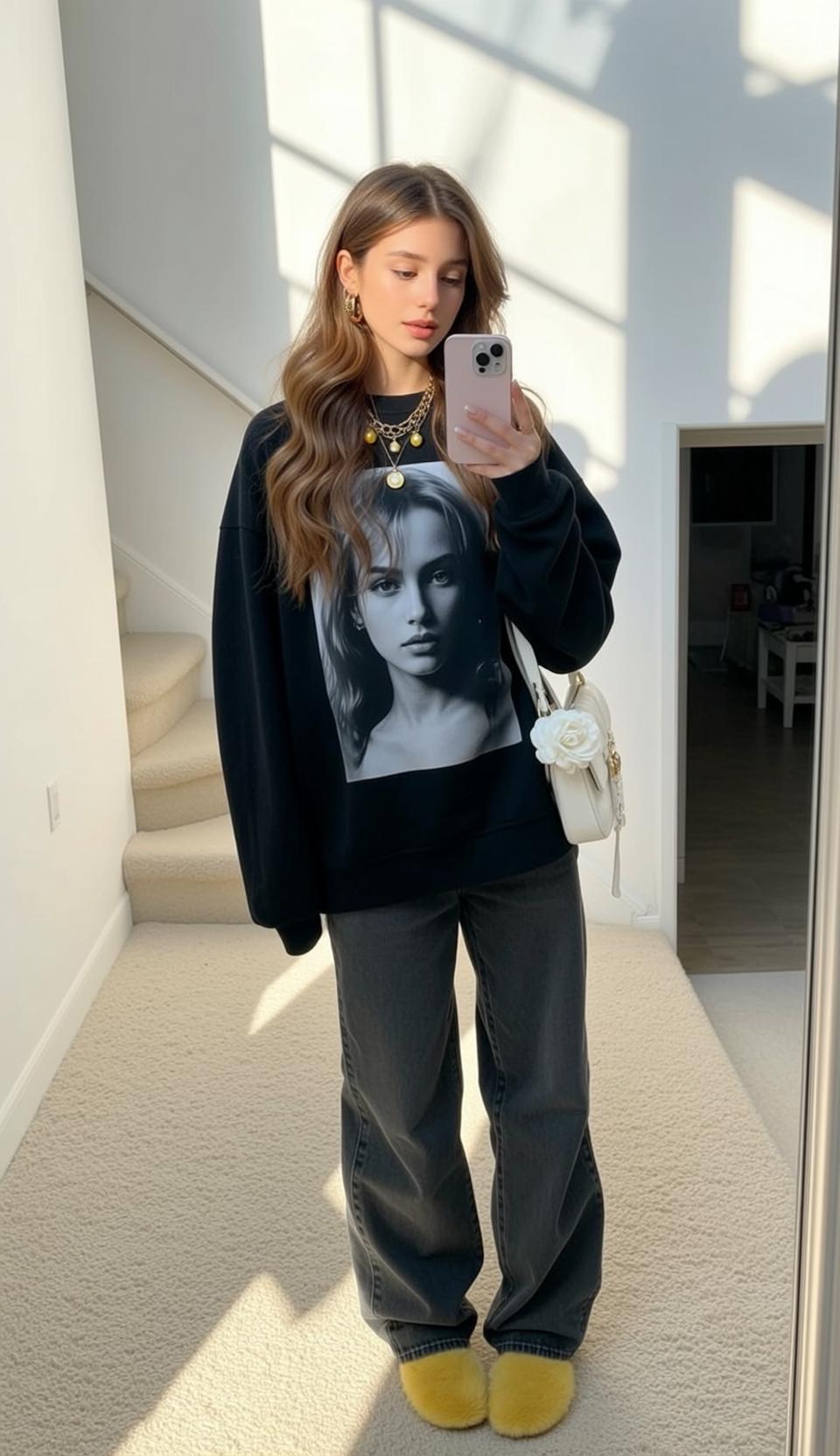 Black Sweatshirt and Wide Leg Jeans Hallway