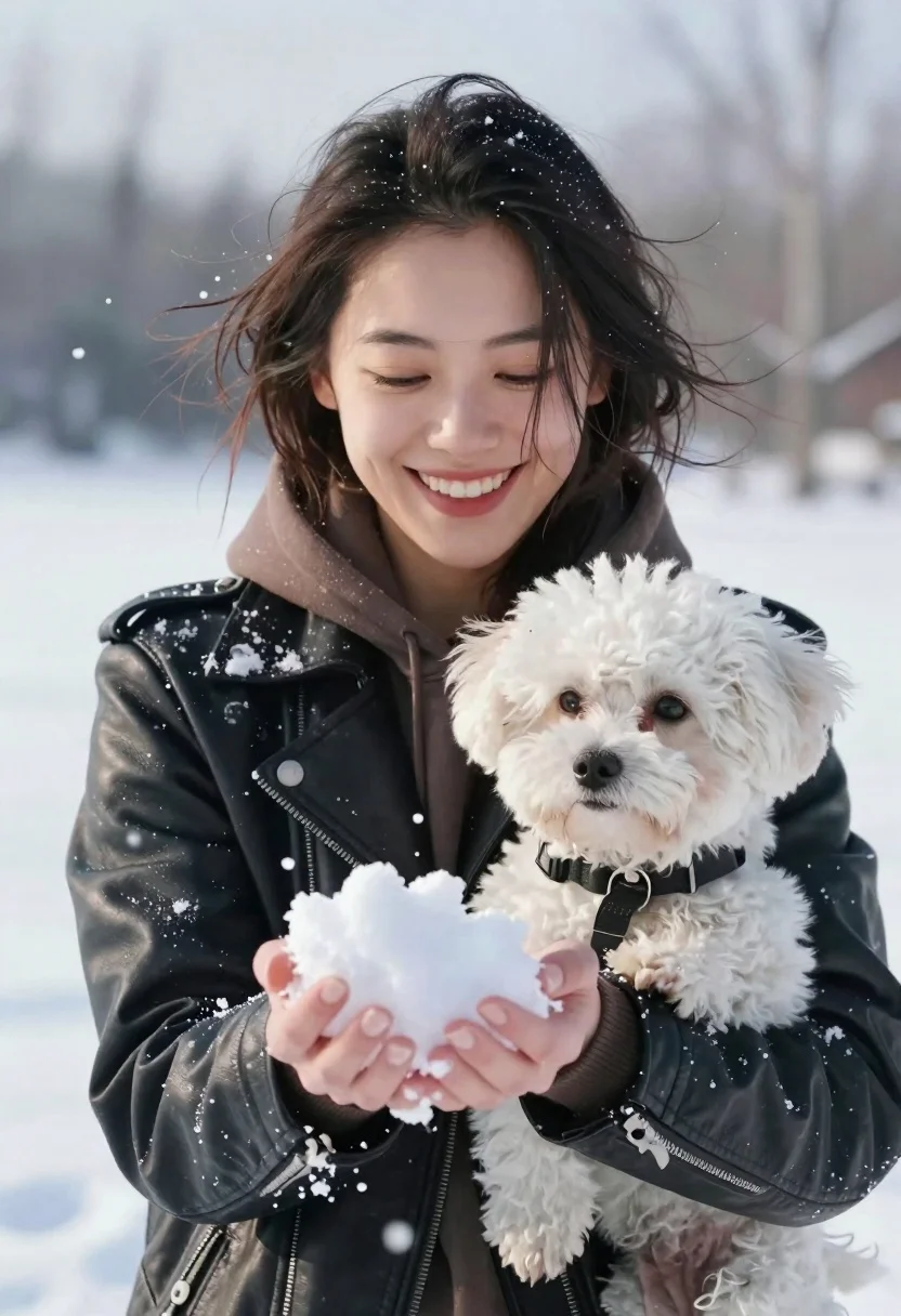 Smiling Woman Holds Clump Snow Her Cupped Hands While Cradling