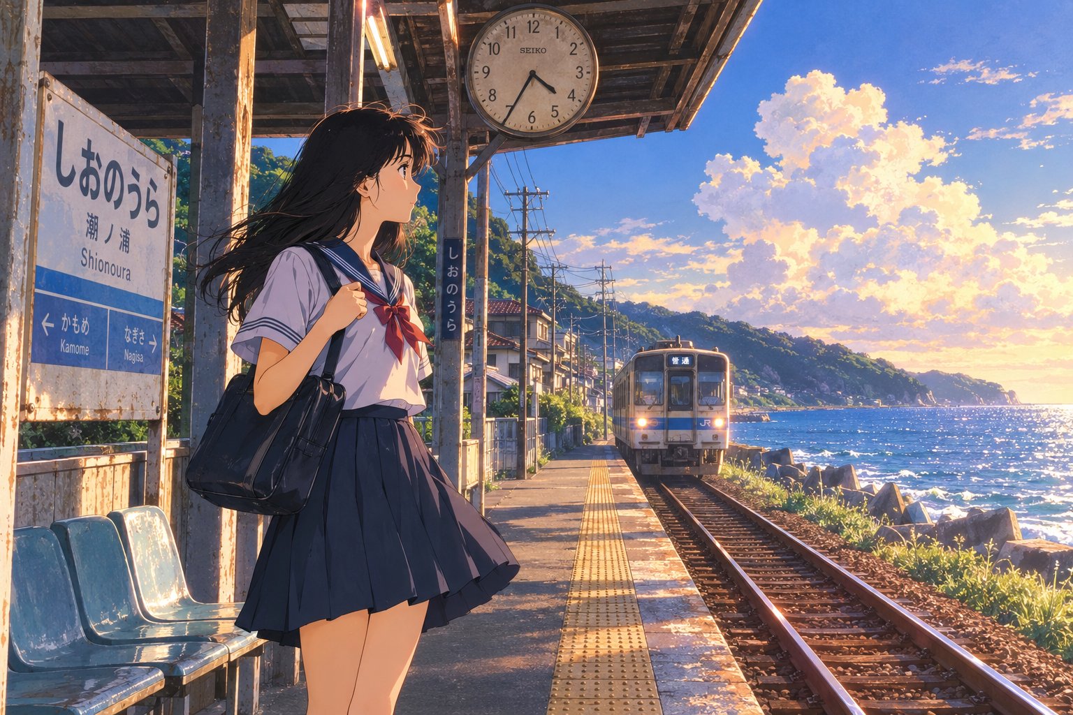 Anime-style illustration of a woman in a sailor uniform at a coastal train station during sunset.