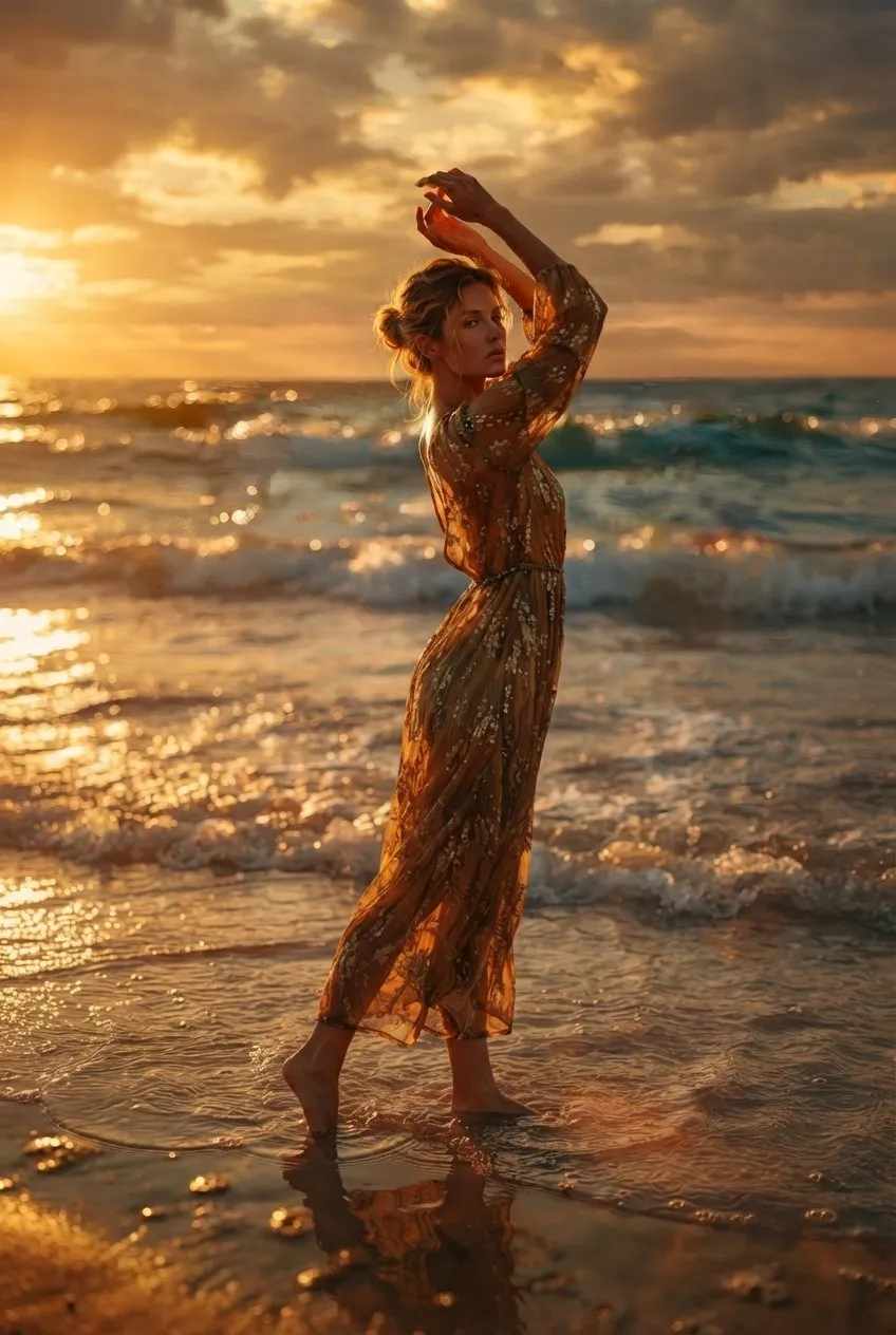 Golden Dress Ocean Sunset Cinematic
