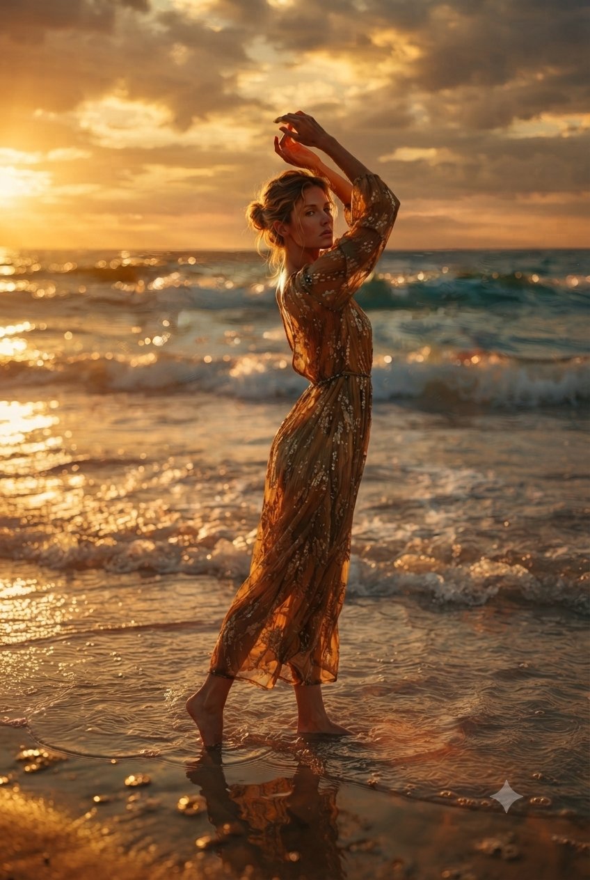 Golden Dress Ocean Sunset Cinematic