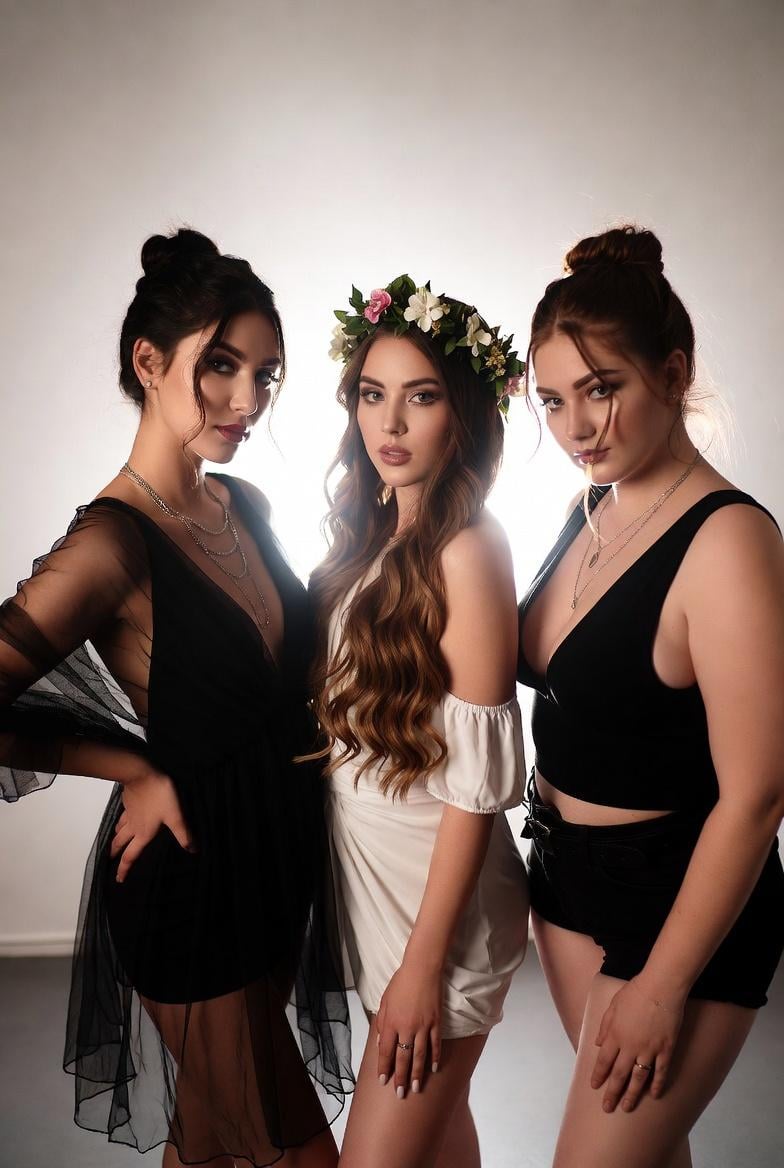 Three Women Studio Photograph Floral Crown Backlight