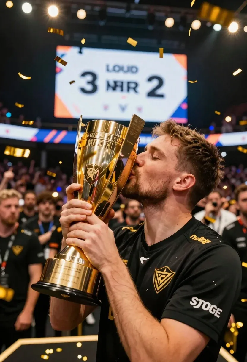 Triumphant Esports Athlete Black Jersey Kisses Large Golden Trophy Amidst